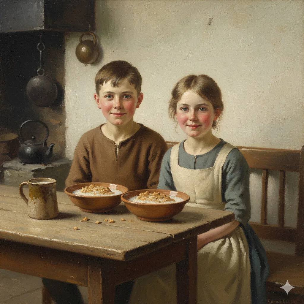 Children Enjoying Murly Tuck in a Scottish Cottage Kitchen 1920s